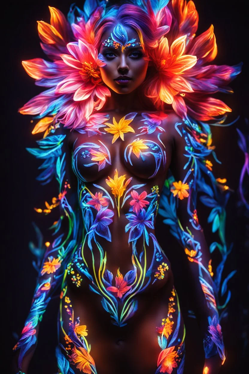 Beautiful woman body painting art flowers neons glowing light in the dark and colorful details