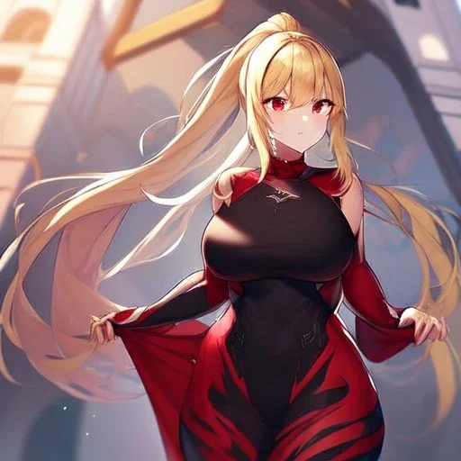 Clear focus,High resolution,High quality, Blonde One Ponytail hair, Red eyes, Wearing a techy outfit