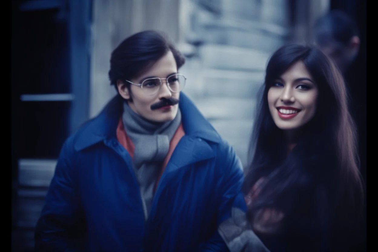 a young man and a beautiful woman standing next to each other, 1 9 8 0 s analog video, with mustache, small glasses, cold scene, out of focus background, house on background, the woman has long dark hair, photo realistic