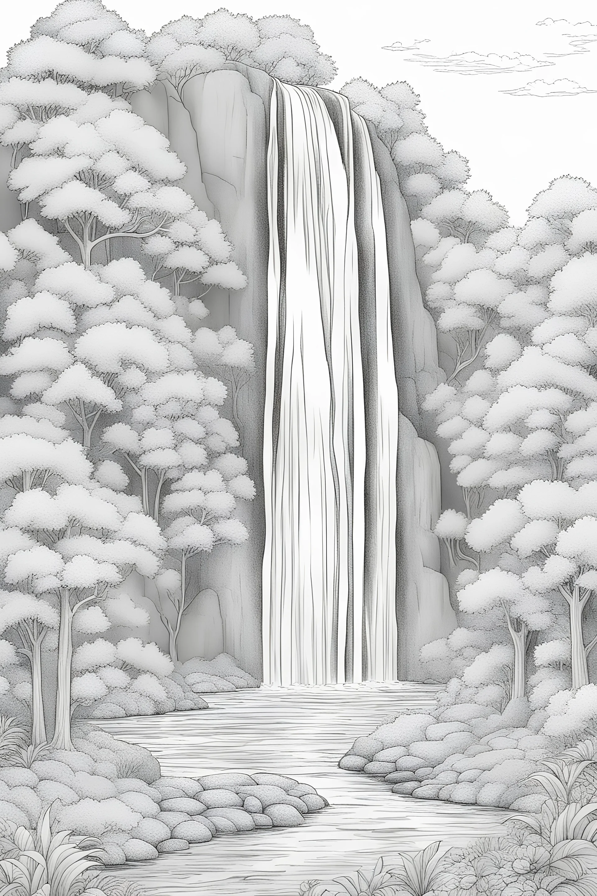 Wardrobe worlds: Waterfall, trees, flowers, coloring pages