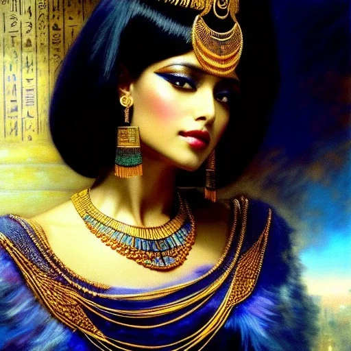 Drawing of beautiful face,busty 'cleopatra',throne,hieroglyphics,balanciaga fashion clothe painting by gaston bussiere, greg rutkowski, yoji shinkawa, yoshitaka amano, tsutomu nihei, donato giancola, tim hildebrandt, oil on canvas, cinematic composition, extreme detail,fit full head inside picture,16k