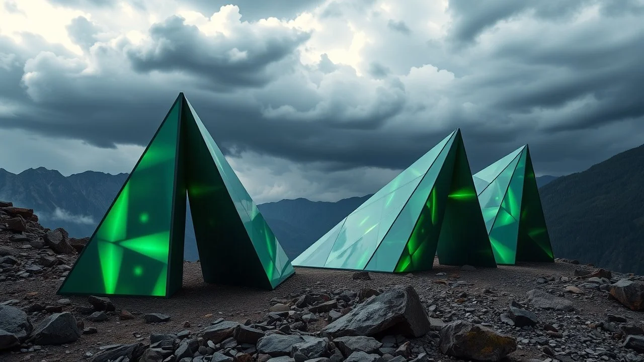 The 'Amazing Walk' displays a series of triangular elements, reaching 7 meters high with no internal columns, set against a stormy sky with dark clouds and rain, amidst a rocky mountainous terrain., sophisticated muted-green color scheme, iridescent style, bright and reflective atmosphere light effects, holographic background