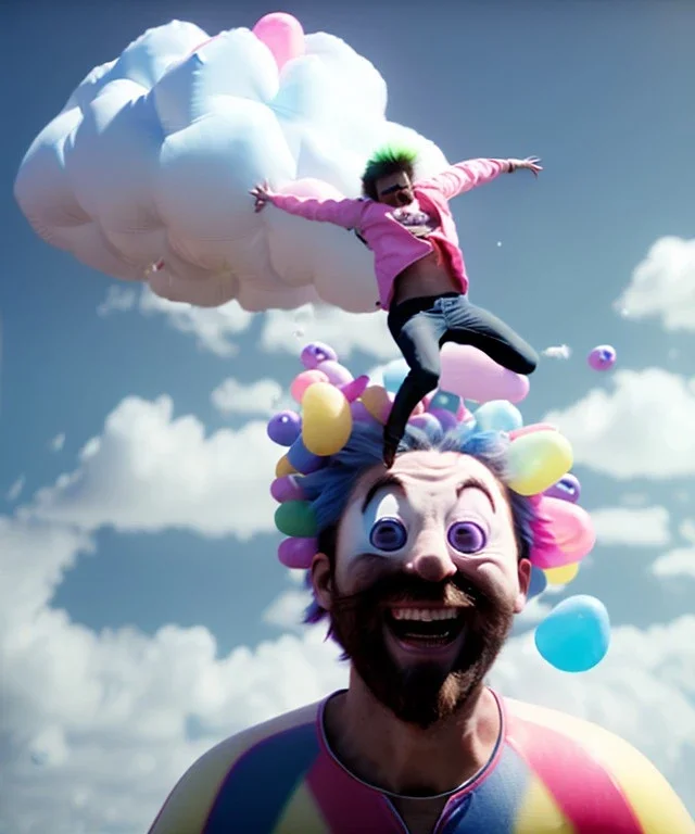 Ultra realistic clouds sky scene, wide angle, sweet childs falling down, man playing guitar, inflatable color clothing, free jumping flying, many trinkets, monster hair, hair monster, many jelly beans, balls, smile, happy, circus style, extreme, wind, clouds sea, 20,000 feet altitude, stratosphere, soft color, highly detailed, unreal engine 5, ray tracing, RTX, lumen lighting, ultra detail, volumetric lighting, 3d, finely drawn, high definition, high resolution.