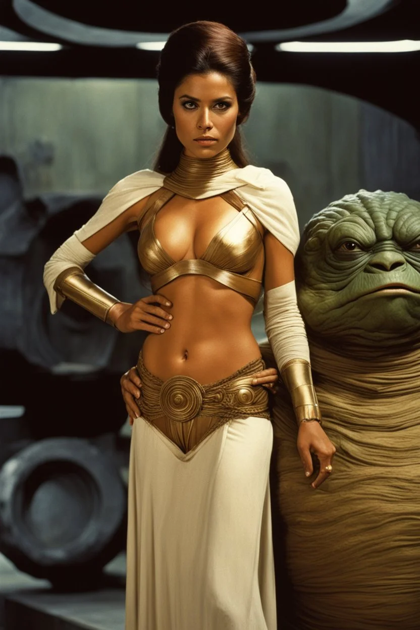 Anna Castillo in princess Leia's slave costume of the Return of the Jedi, close to Jabba the Hutt.