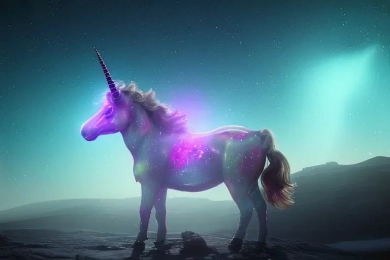 one glowing unicorn in space,nebula in the backround, Christmas theme .