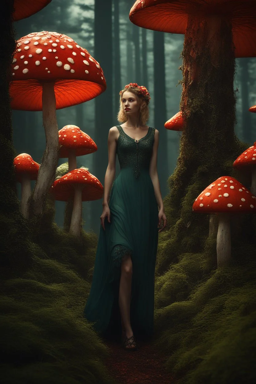 tall slim woman in a dress, in a forest, holding an umbrella made from a fly agaric mushroom, detailed matte painting, deep colour, fantastical, intricate detail, complementary colours, fantasy concept art, 8k resolution, Unreal Engine 5