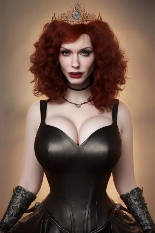 Christina Hendricks as evil queen in black leather gown, feminie, angry, stern look on her face, volouptous, busty, cleavage, emperious, mature unreal 5, octane render,cinema4d, dynamic lighting, dramatic lighting, 4k, redshift render, highly detailed, hyper realistic, in space