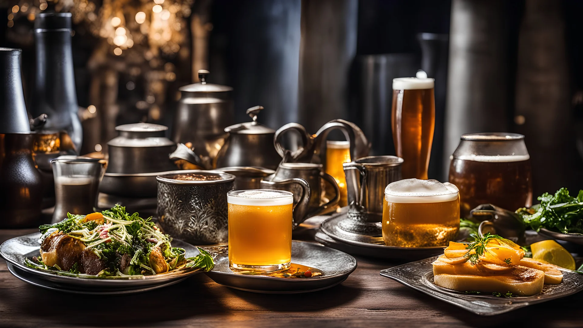 8080, delightful, sensitive, delicious food, banquet, pewter tankards and pewter plates, beer, confident, delicate, night, darkness, architecture, filled with delicious food, award-winning photograph, beautiful composition, delicate colour, chiascuro