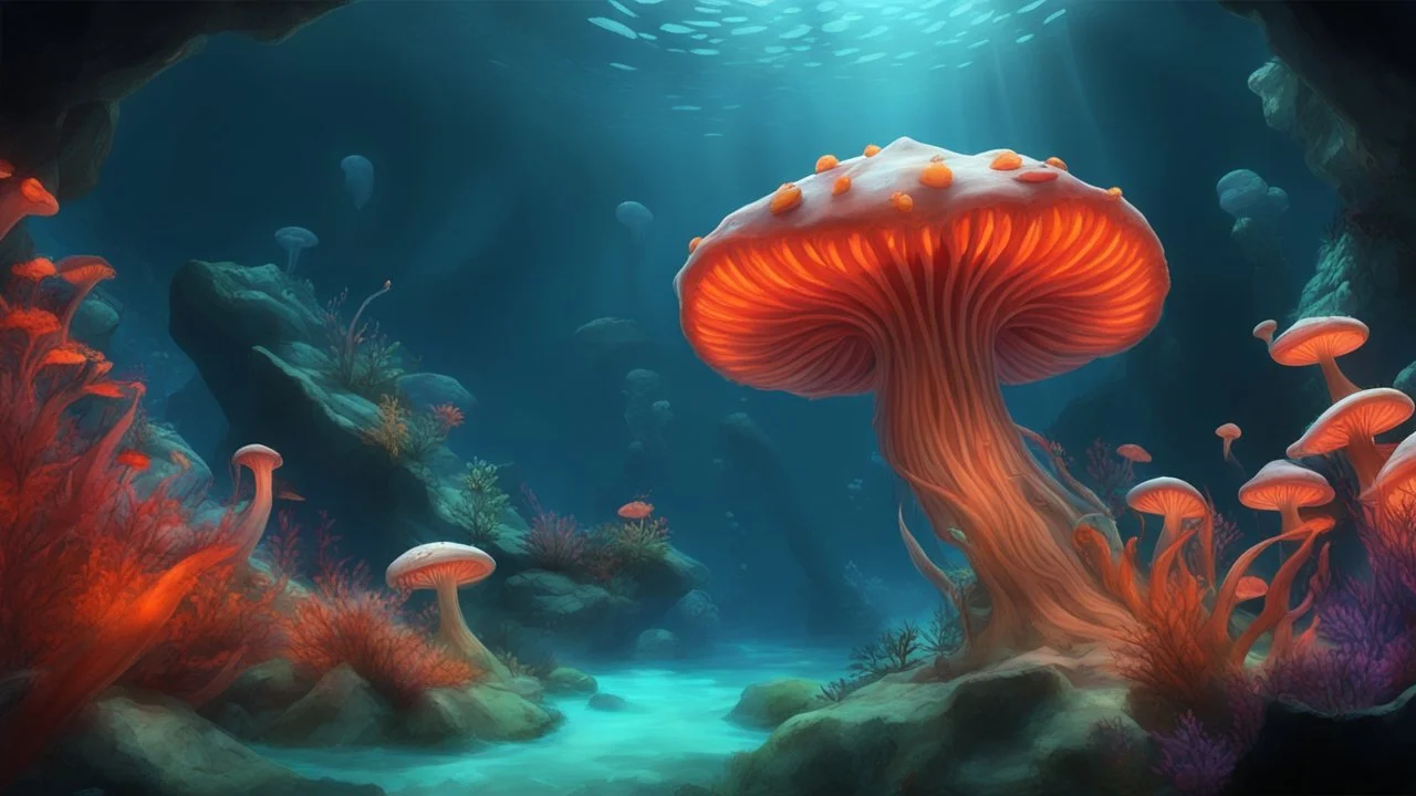 animals creatures, jellyshroom cave form subnautica , plants from subanautica from deep sea, leviathan's a lot of sea plants very deep, beautiful, river of magma,