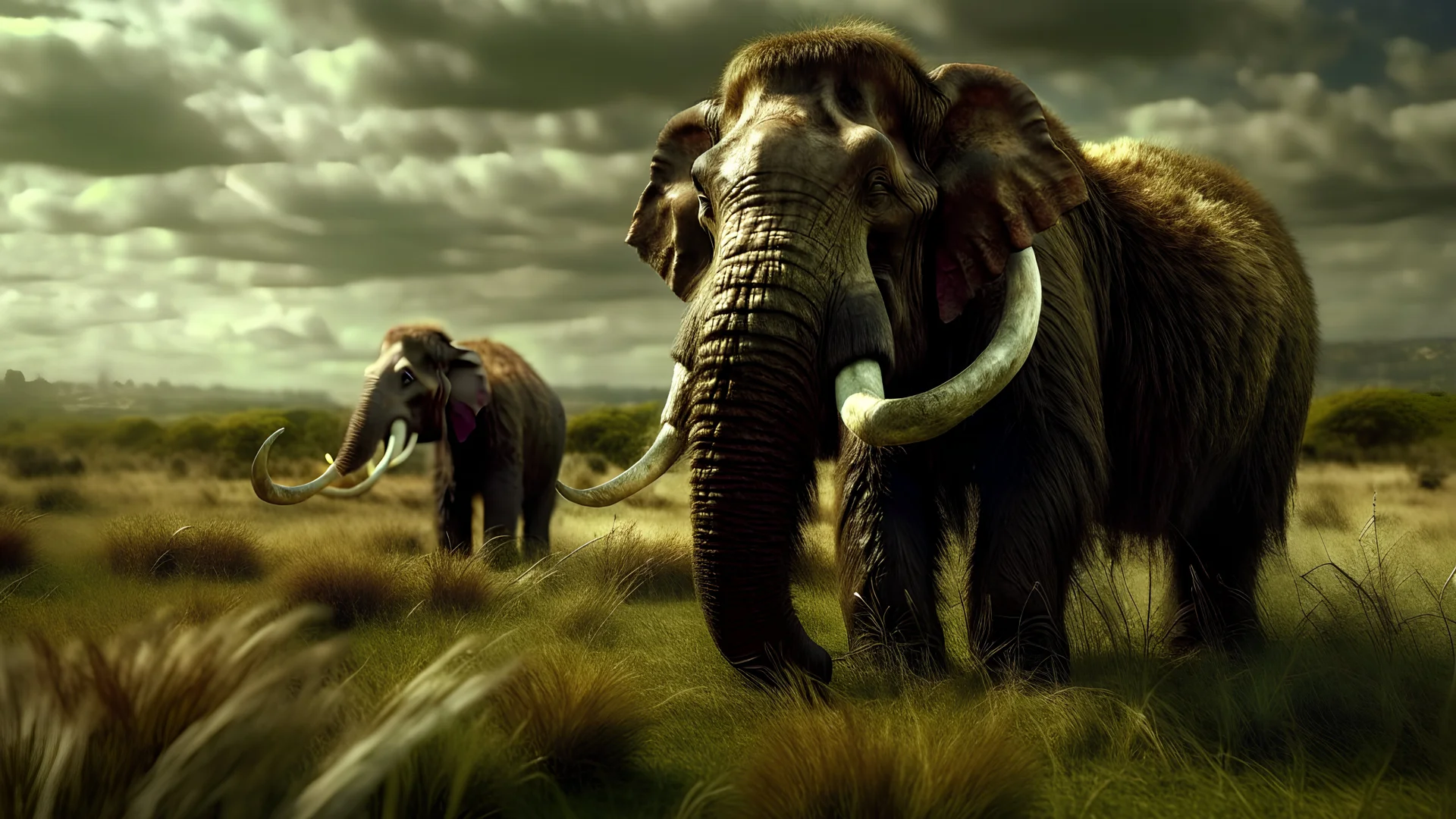 extinct mammoths in a typical grassland with intricately detailed faces, professional photography, a breathtaking background, natural environment, cinematic side light, long shot on DSLR 64 megapixels sharp focus, canon lens, Hyperrealistic, concept art, 16k resolution