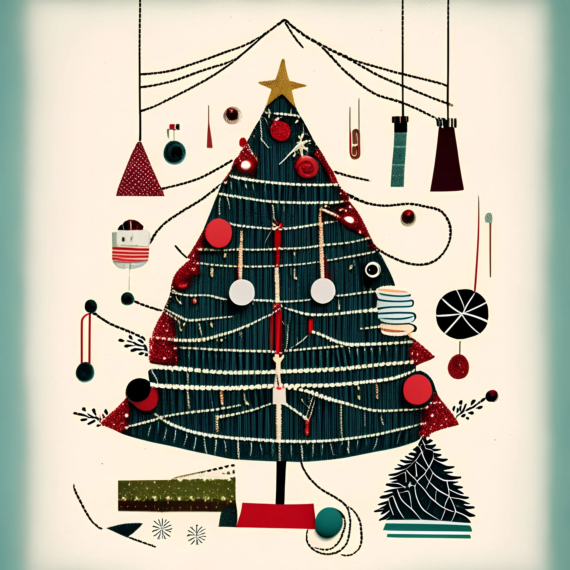 a Christmas card in a graphic style, a Christmas tree made of sewing accessories, threads and strings