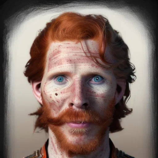 Portrait of Courtney Gains as a ruggedly handsome but joyful roguish pirate, charismatic, attractive male, masculine, perfect, precisely detailed, lightly freckled face, meticulously detailed multi-hued ginger carrot colored cherry fire red hair; Malachai of the corn; fantasy, intricate, elegant, highly detailed, digital painting, artstation, concept art, matte, sharp focus, illustration, art by artgerm and greg rutkowski and alphonse mucha