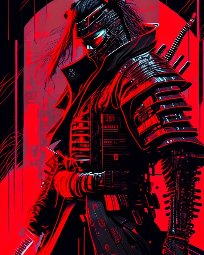 dibujo de contorno de un Samurái negro y rojo con traje cyberpunk