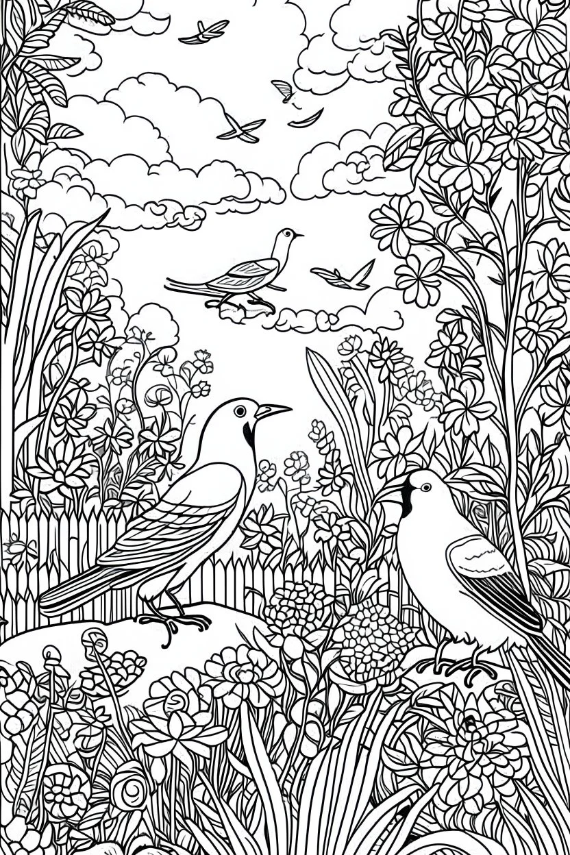 Outline art, birds in the garden, cartoon style, black and white, low detail, no shading, --ar 9:11