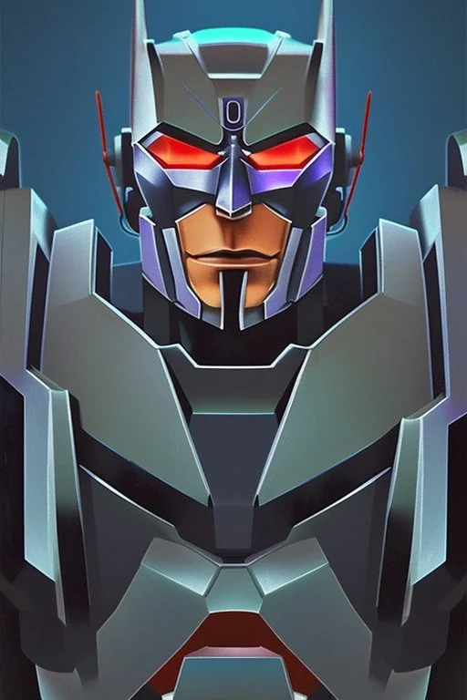 Fotoretrato de un transformer de 1980, debe ser algo decadente. Vibrante en colores, solo su cara es un retrato. Megatron, optimus prime. Animé. Wasted drunk.