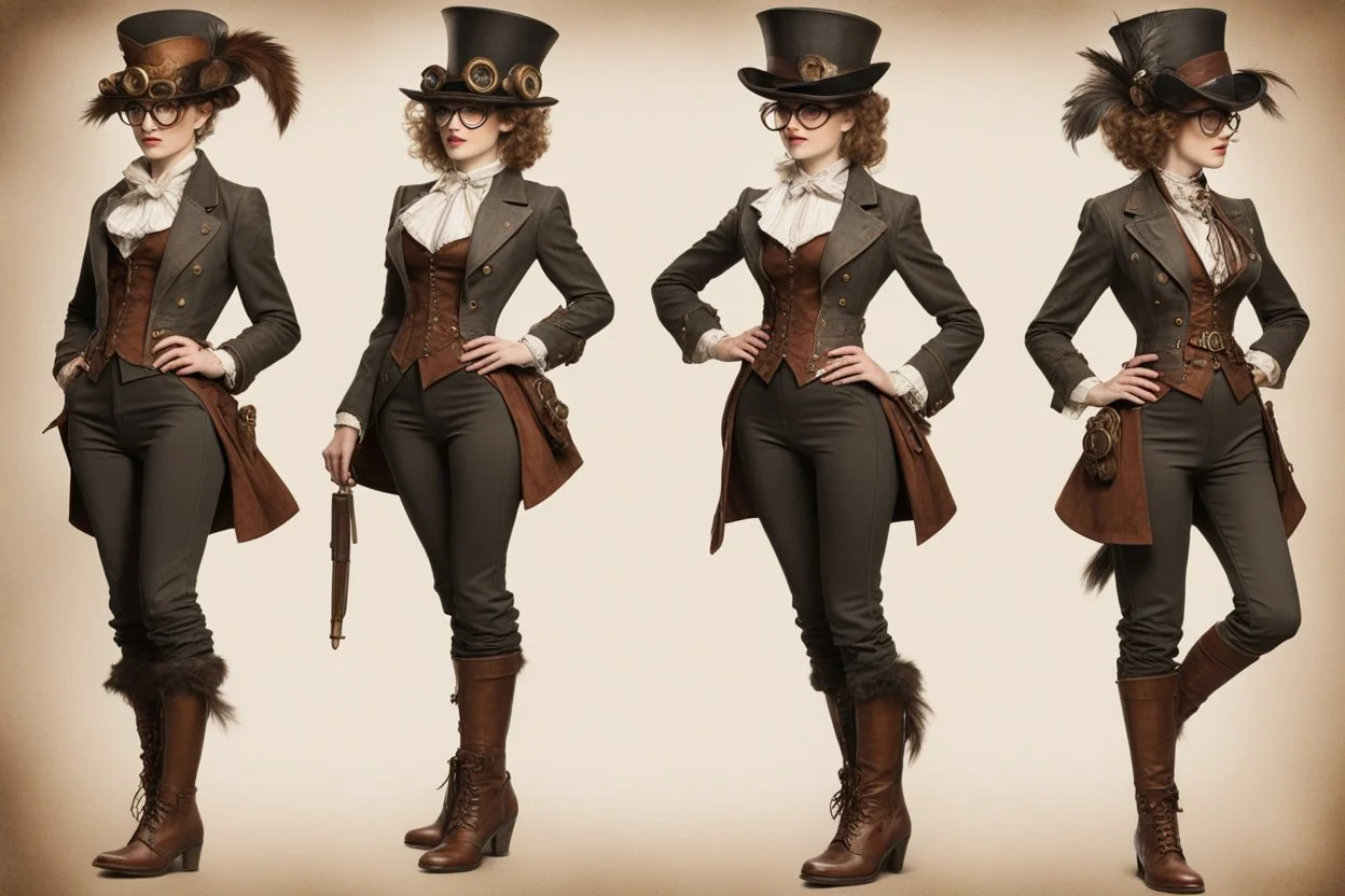 Костюм ловкой инженю: короткая куртка с множеством карманов, брюки-капри или узкие штаны, кожаные ботинки, очки или монокль, ремни с металлическими пряжками, шляпа с перьями или шестеренками. стимпанк