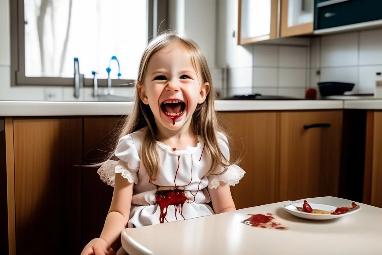 wide hd photo of a little German girl, full body, smiling with her mouth open lying on the table in a medical context at the dentist. blood from her mouth stains her short white dress