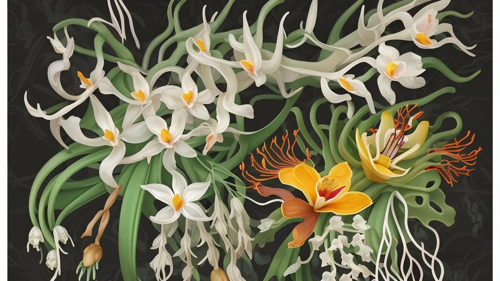 Floral composition of Jade Vine, ghost orchid, Lotus, Camellia japonica, Banksia, Dicentra Formosa, assorted leaves, and butterflies on a deep dark background