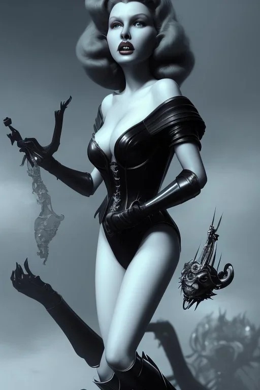 Rita Hayworth as evil queen in black leather, busty, cleavage, curvy, angry, stern look. character design by cory loftis, fenghua zhong, ryohei hase, ismail inceoglu and ruan jia. unreal engine 5, artistic lighting, highly detailed, photorealistic, fantasy