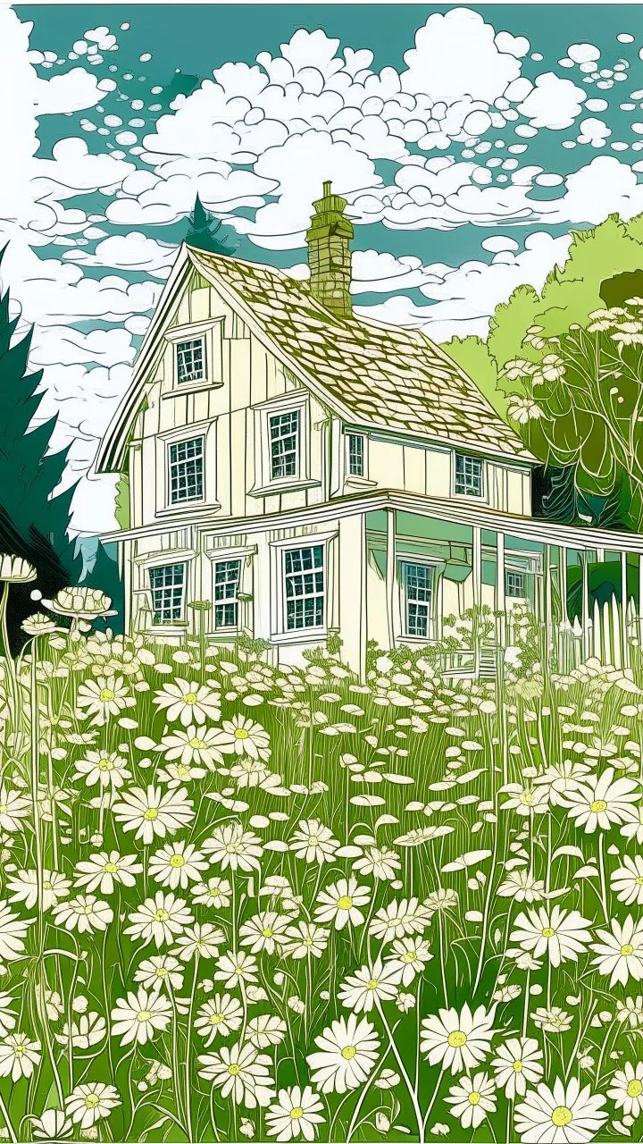A house made out of white fathers designed in a field of white wild flowers paintings painted by Paul Ranson , Busch painting style, all white, fine line draw style