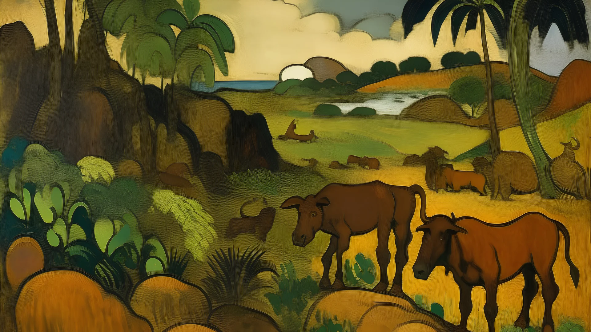 A brown rocky sinister savanna painted by Paul Gauguin