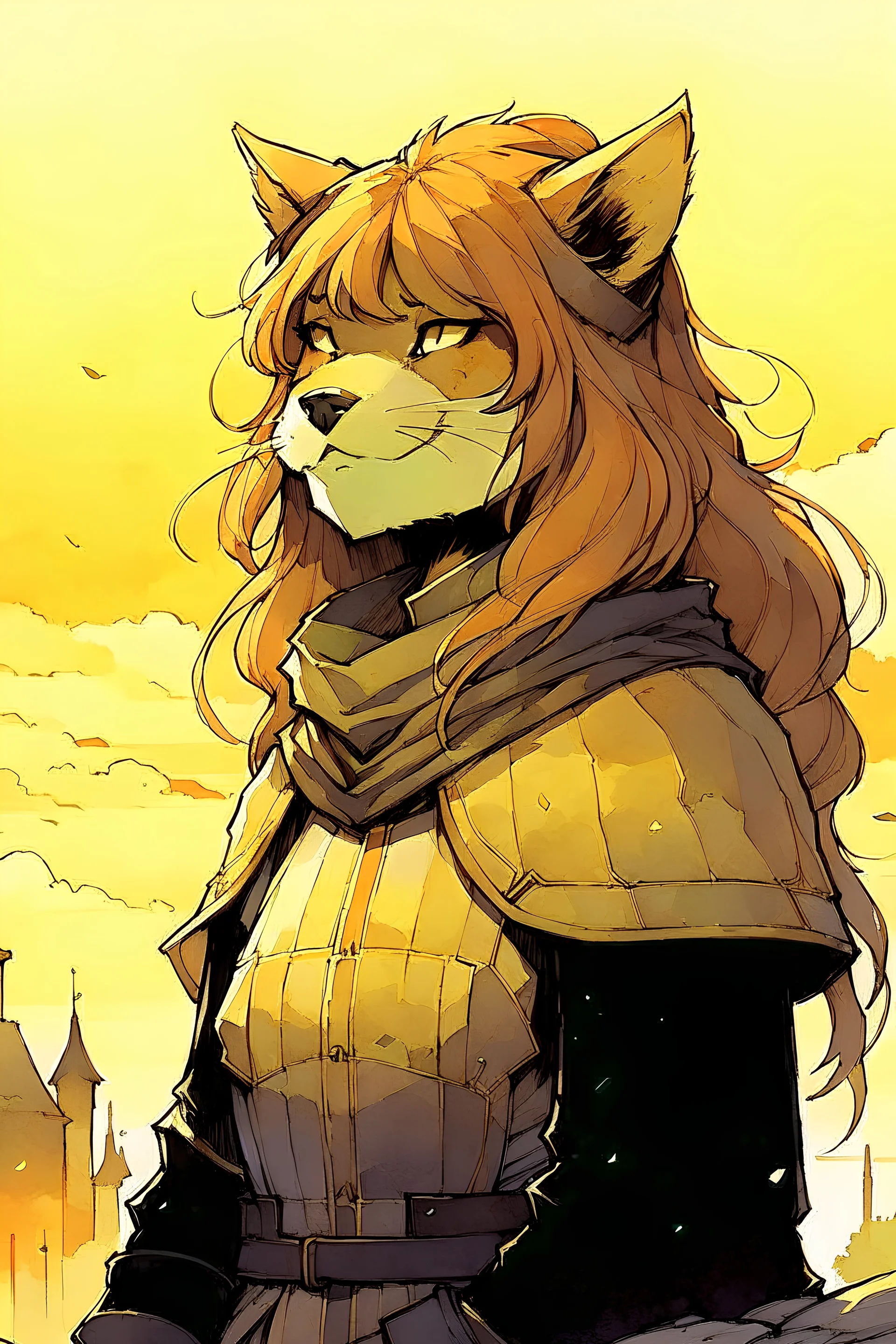 Raphtalia from rising of the Shield Hero. A soft-focus image of the golden sunrise casting a warm glow, create in inkwash and watercolor, in the comic book art style of Mike Mignola, Bill Sienkiewicz and Jean Giraud Moebius, highly detailed, gritty textures,