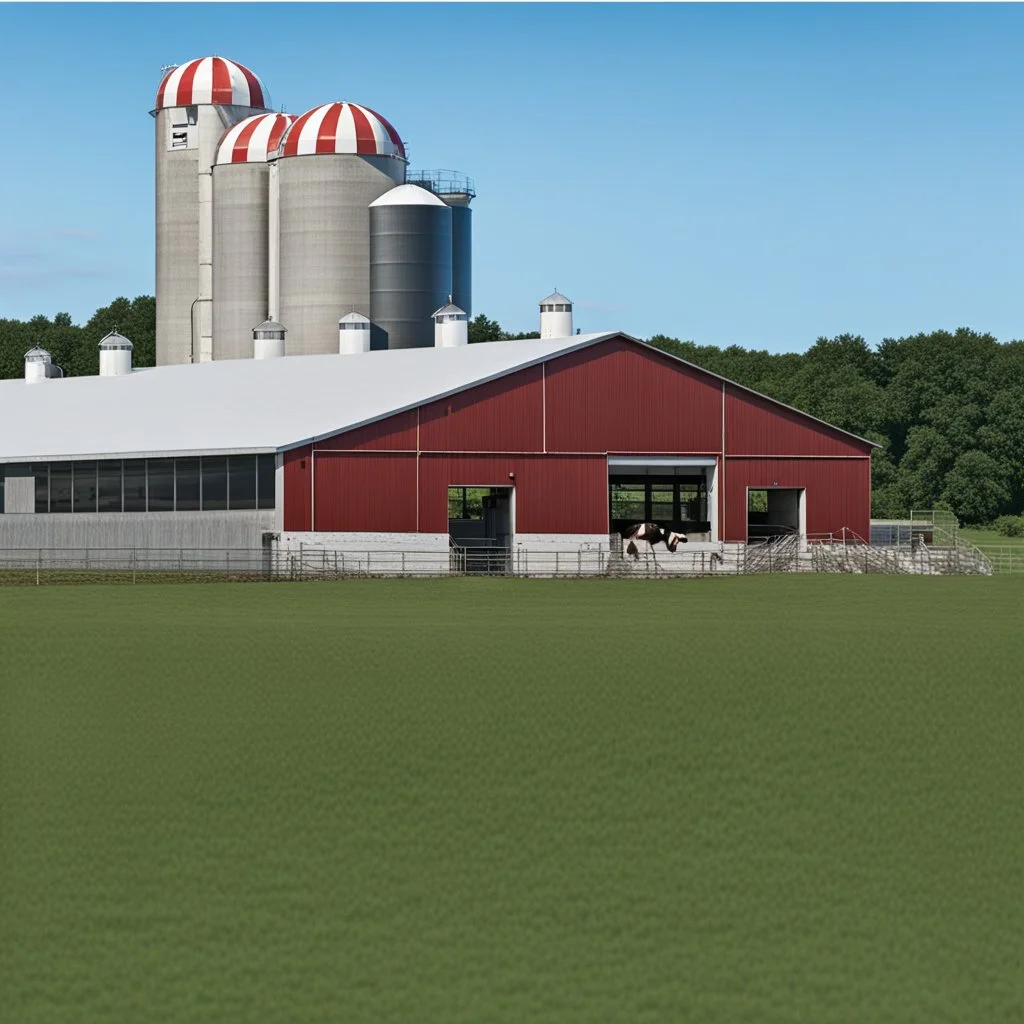 a modern Dairy barn in front of concrete dairy siloes, grass bottom front with a Holstein cow(1).