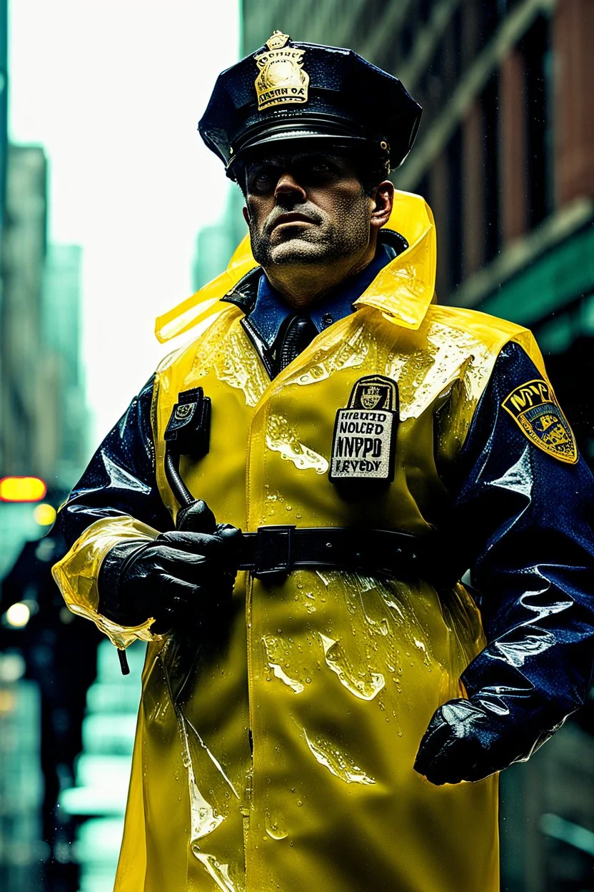 vintage retro nypd full body color policeman wtih exosquelette heavy yellow rain transparent coat