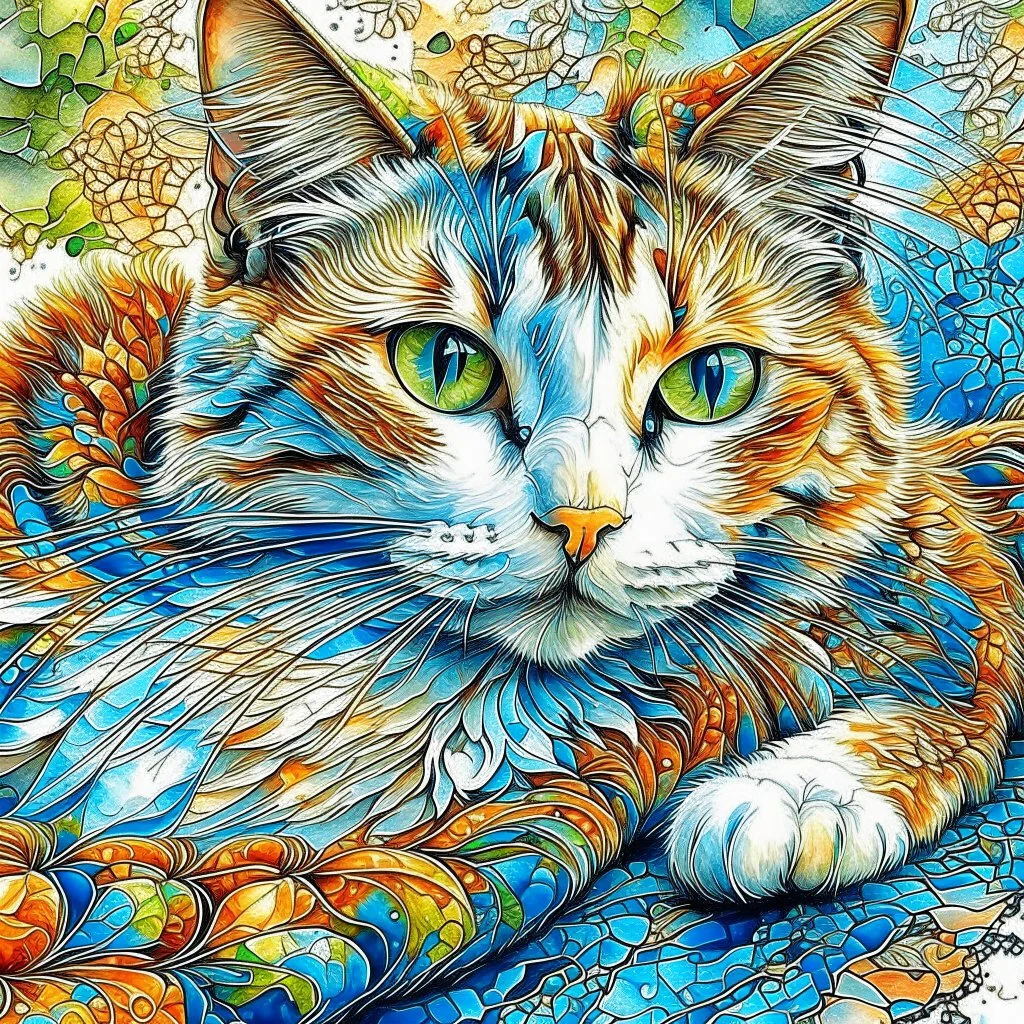 Golden ratio, ultra detailed watercolor painting, wet on wet painting, soft edges beautiful (((Masterpiece))) Create an image of a calico cat partially submerged in water, with its face and upper neck visible just above the surface. The cat has distinct patches of orange, black, and white fur, giving it a vibrant and colorful appearance. Its eyes are large and expressive, with a bright green hue that reflects the light filtering through the water. The background is a rich und