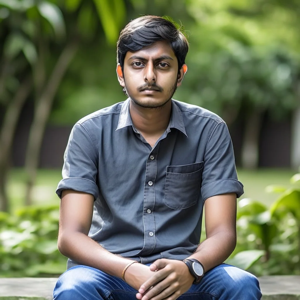 an 24 year old indian man, oval face, white skin, wearing shirt and jeans, sitting in a garden, peaceful, front face portrait, short hair, slightly muscular built, handsome