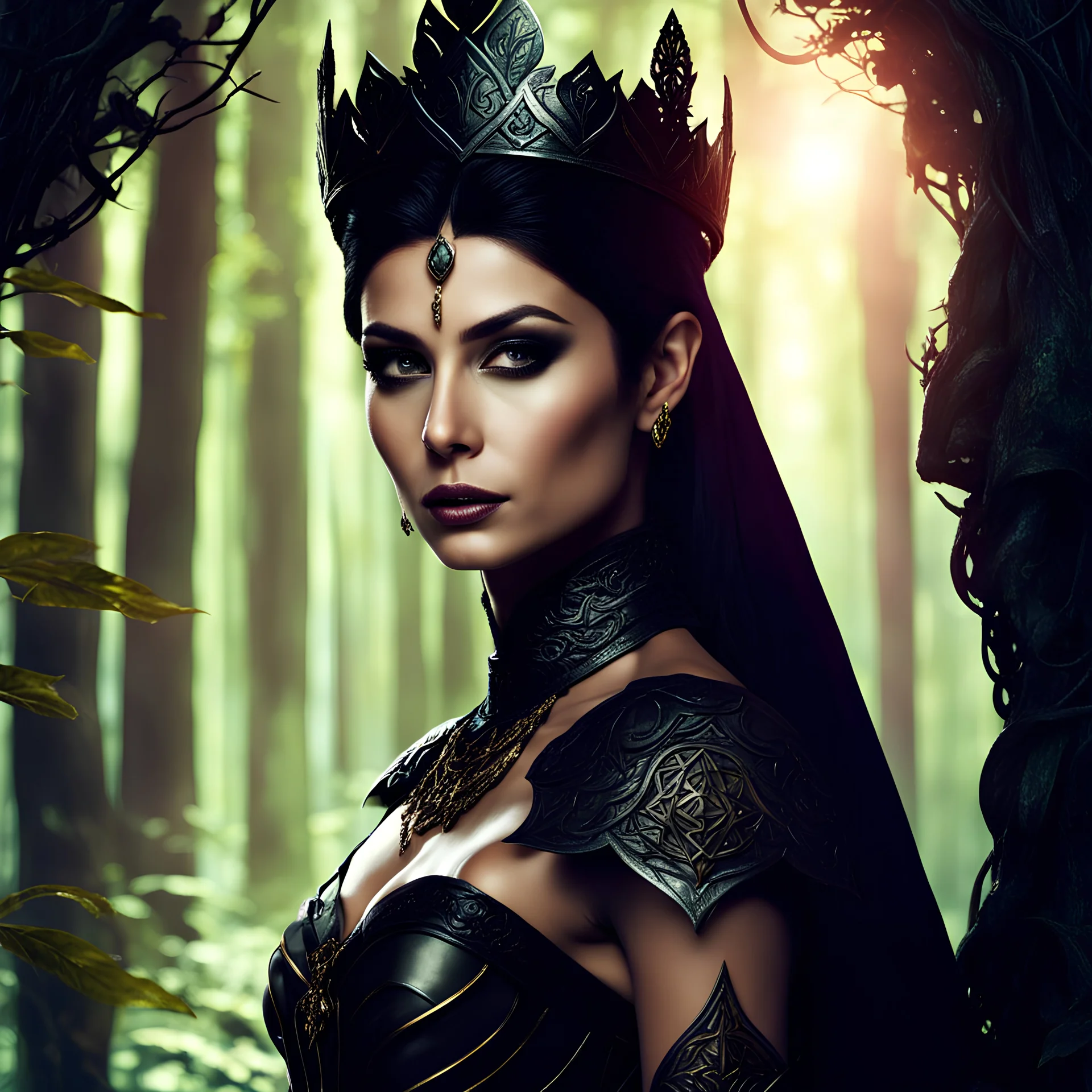 Morena Baccarin as a beautiful sexy dark elf queen seated elegantly on a throne in a mystical forest, dark celtic vignette frame, photo-realistic, cinematic lighting, award-winning photography