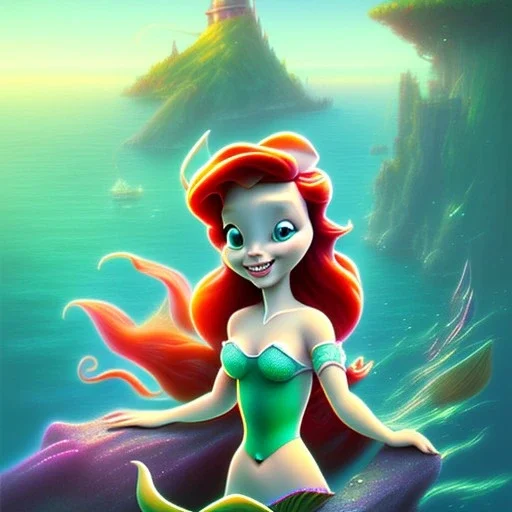 Disney'den Ariel yeşil kuyruklu, bir kayalığın üstünde oturuyor ve hafif gülümsüyor, dijital tatlı tasarım tarzında