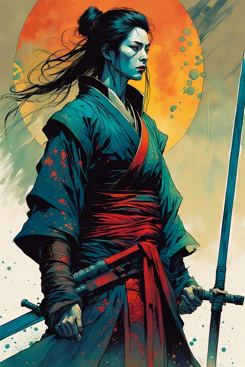 create an imaginative print illustration of an ethereal, otherworldly gaunt and withered ancient female ronin samurai vampire , in the comic book art style of Bill Sienkiewicz, Mike Mignola, and Jean Giraud Moebius, with highly detailed feminine facial features