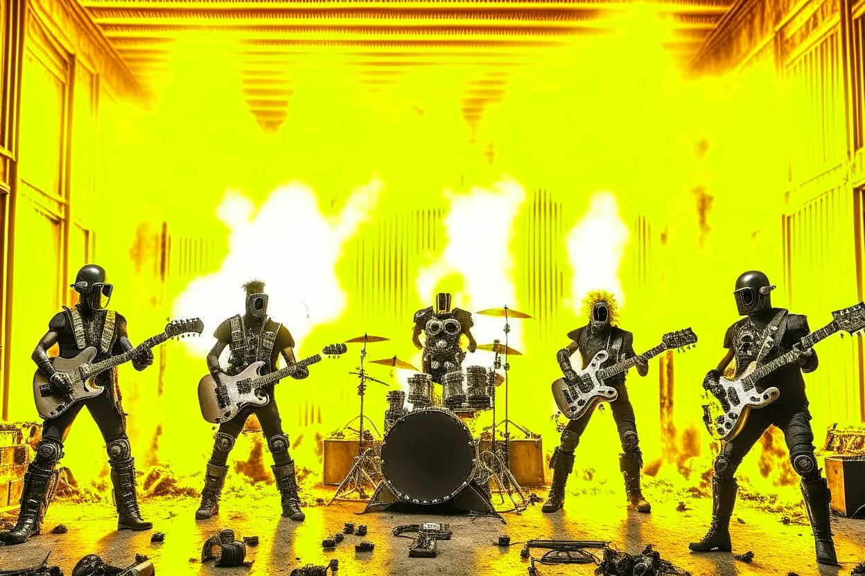 A hard rock band made up of Terminators performs in a burning building.