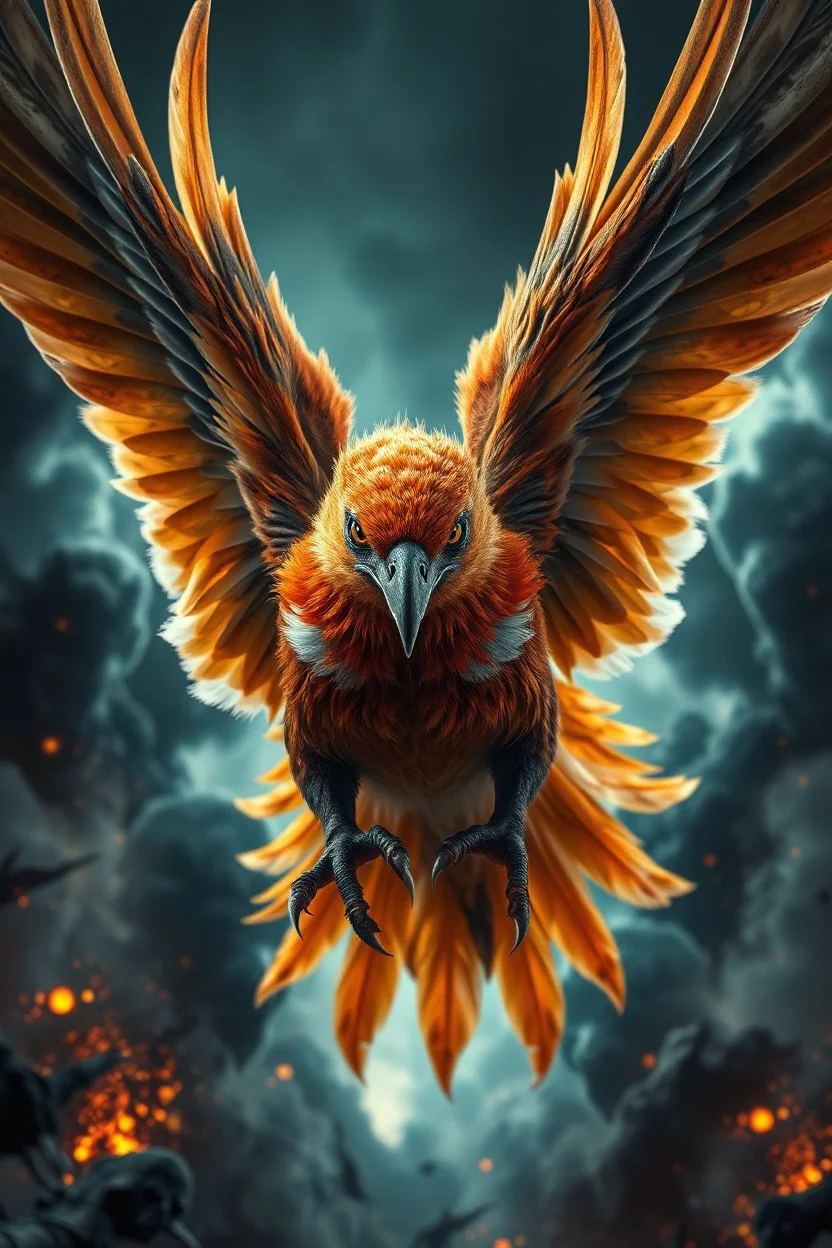 Create a ultra high definition and photorealistic image, 12k quality of a beautiful phoenix, majestic and strength showing, emphasis on texturized claws, upclose with a front view flying towards the camera, centre of an explosive and chaotic background scene of Armageddon where he is followed by demon like dark clouds in persuit trying to grab him, phoenix has striking eyes and determined look, majestic wings folded inwards in flight, bright auburn, black, white, grey and yellow colours, gothic