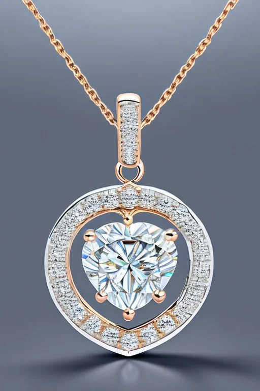 Create a visually stunning and luxurious image of a diamond necklace with a big heart shape diamond at the center and 3 layers of small round diamonds around it