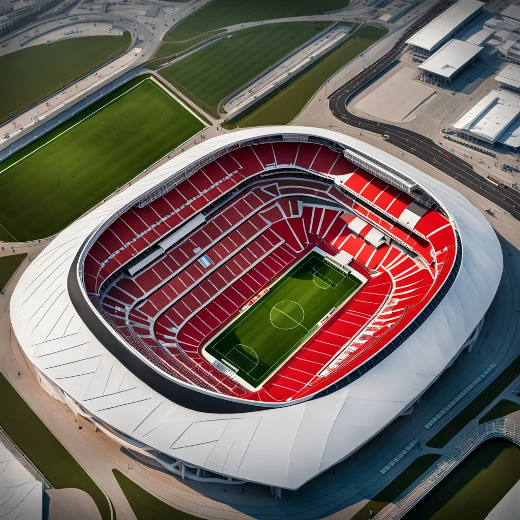 Imágen de arte lineal de un estadio de futboll, vista aérea, estlilo Zaha Hadid, calidad ultra, hiperdetallado, 8k, color rojo y blanco