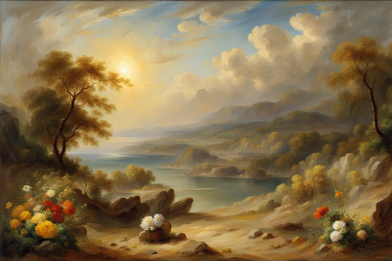 sunny day, clouds, rocks, trees, mountains, flowers, william turner paintings