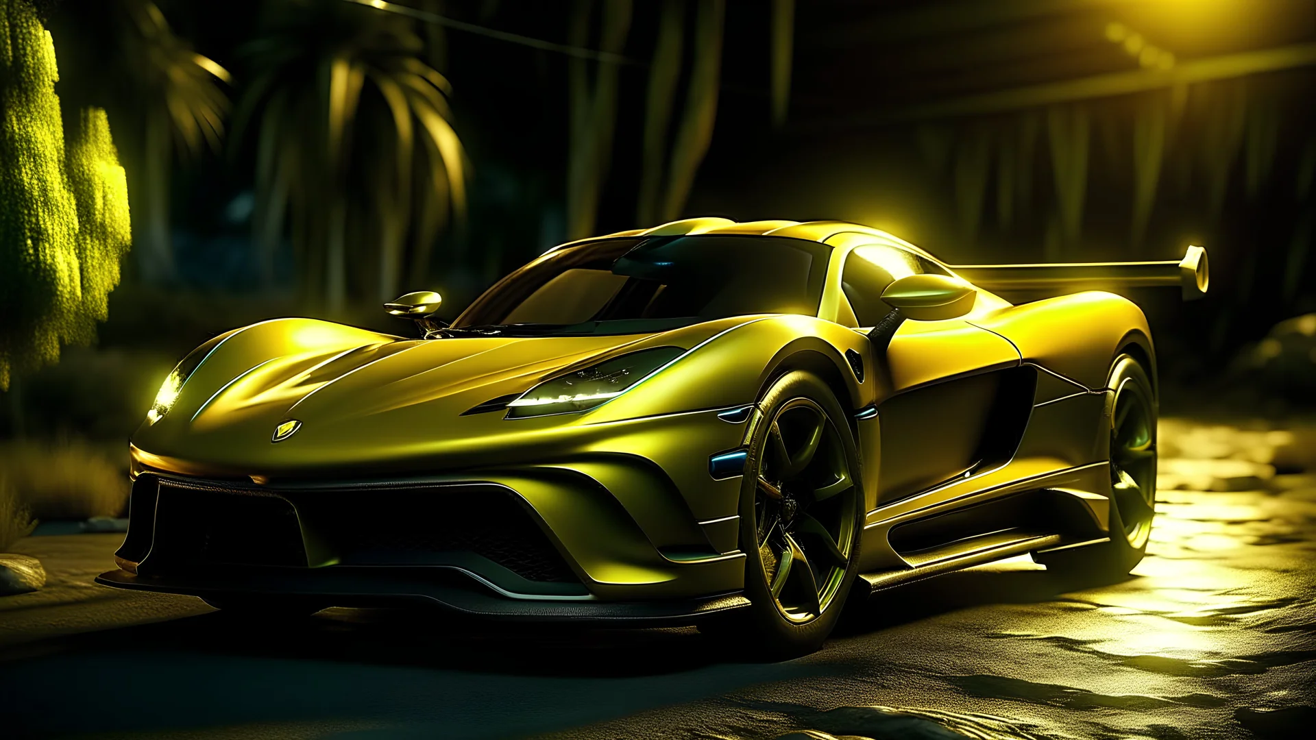 A yellow KOENIGSEGG JESKO ABSOLUT, unreal 5, hyperrealistic, realistic, photorealistic, dynamic lighting, highly detailed, cinematic landscape, studio landscape, studio lighting