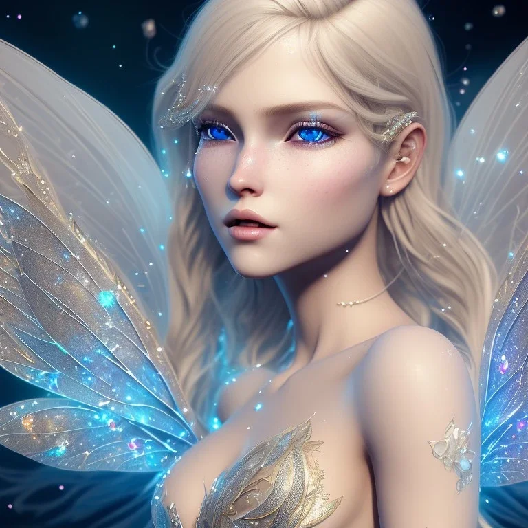 beautiful blonde fairy in a galactic ambiance, transparent wings, delicate colors, finely tuned detail, ultra high definition, 8 k, unreal engine 5, ultra sharp focus