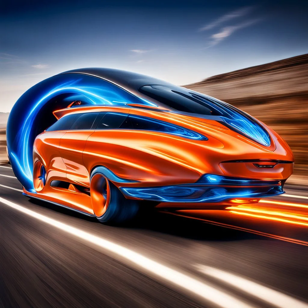 award winning car and driver photograph of a futuristic station wagon dirigibl+ hybrid designed by only one vehicle per image painted metallic orange traveling at a high rate of speed, jet intake off of front center of vehicle and jet exhaust out the rear with bright blue flame, bilaterally symetrical, more a high speed road vehicle