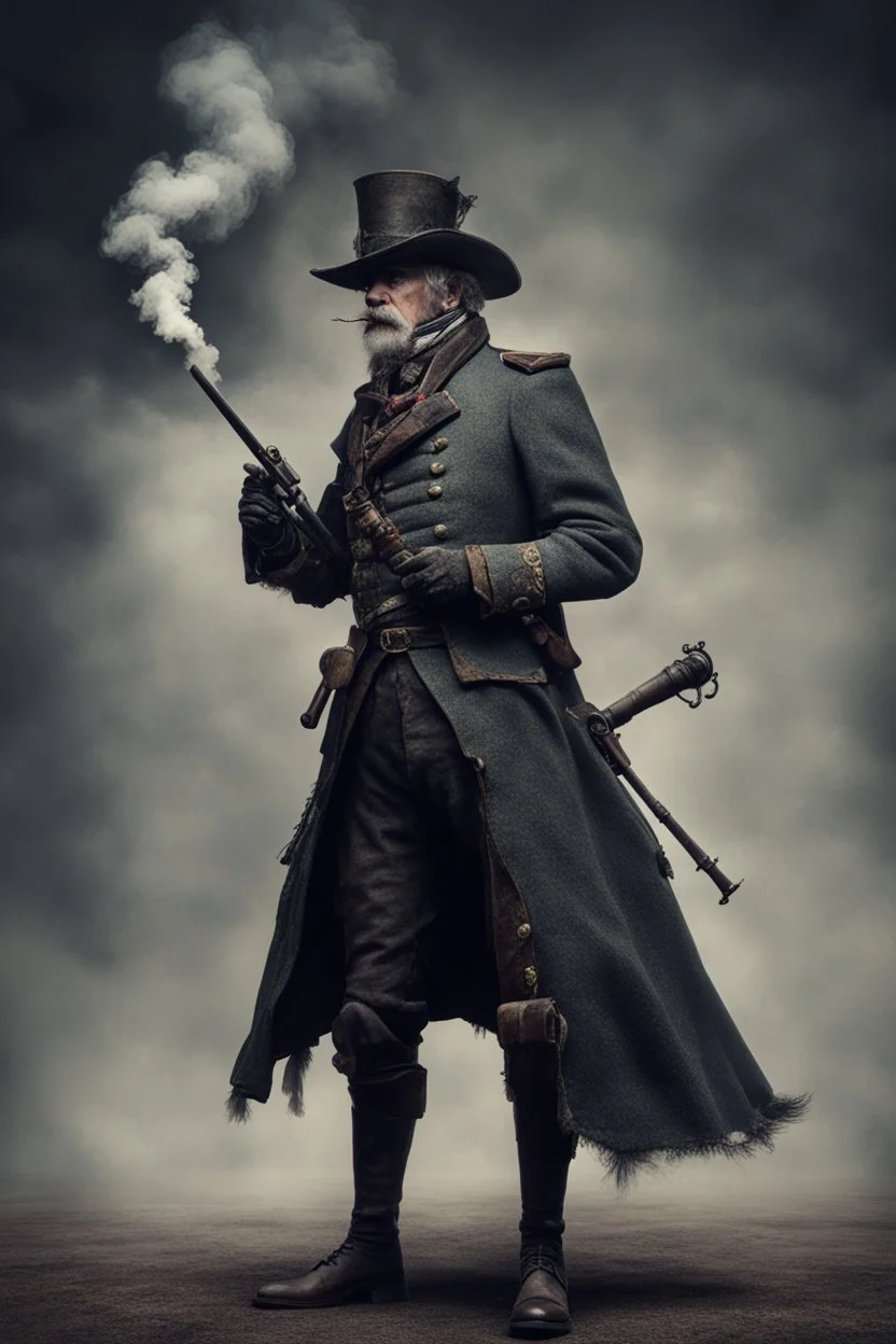 70 years old victorian bloodborne soldier with a musket and smoking a cigarette