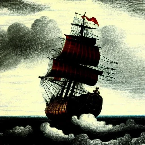 Dibujo de un Galeón español en una tormenta con estilo de CHRISTOPHER BLOSSOM