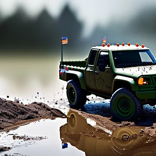 Play-Doh style, hyperrealistic shot, muddy military toy truck, monotone color palette, sharp focus, puddle reflection, tire water splash, refraction, mist on the horizon, shadowcast, detailed and intricate, cinematic composition, micro, tilt shift photography