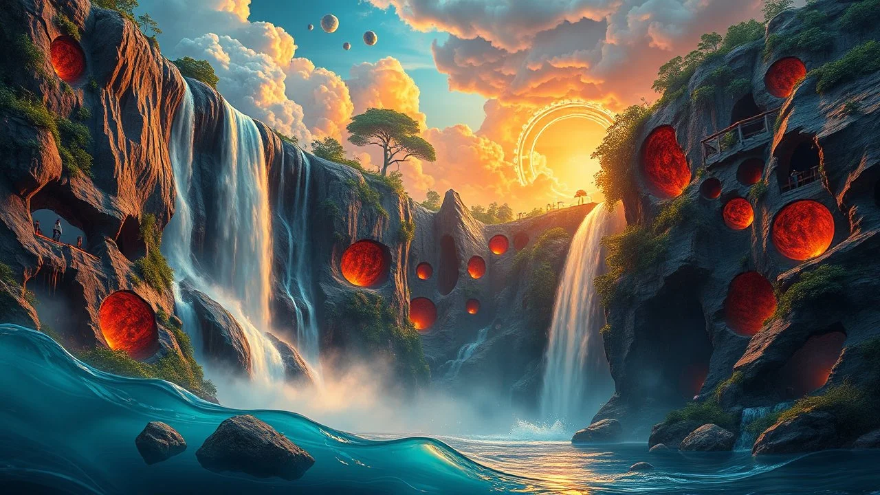 waterfall full of holes with various jungle flowing spiral cloud neon colorful Unique open cliff burning ripped surrealistic artwork with shiny shackled by cliff and sea island, while holding a waterfall doing pulling, the open cavity inside the body is a scene of an ancient Egyptian painting in the Gesang desert 5D diorama, with seven open panels on the revealing a forest with a thousand shadows, giving a triple exposure effect on a Balinese girl and her neck cavity, crystal calypso wild expose