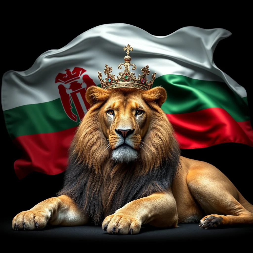 Create A hyper-realistic highly detailed, image of a majestic lion lying down, wearing a royal crown. The lion's fur should be rich and textured, with a regal and powerful presence. Behind the lion, the big flag of the Republic of Bulgaria(white, green,red) waves gracefully, its white, green, and red colors vivid and well-defined. The background should be an elegant, deep black, creating a striking contrast that enhances the grandeur of the lion and the flag. The lighting should be drama