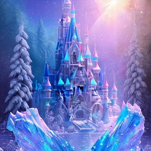 cristal angelic castle crystalline, blue,pink , cosmic, opalescent, gemstones, crystals, other worldly,water,bright, ice background, snow lake blue