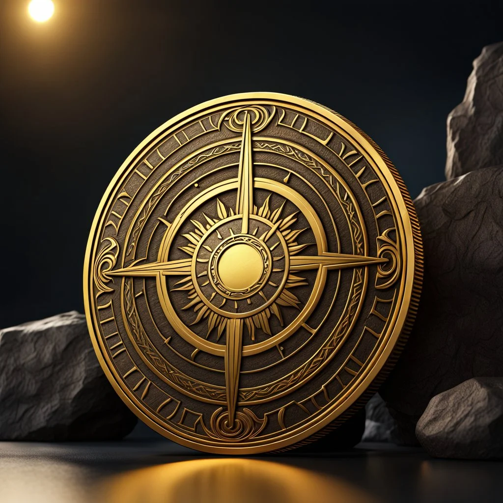 a gold coin called a gold sun standing on edge. ancient viking runes. flat coin. show one whole coin front on at a distance. fantasy concept art, exquisite realism, a masterpiece, dynamic lighting, hyper detailed, intricately detailed, deep color, Unreal Engine, volumetric lighting , Epic cinematic brilliant stunning intricate meticulously detailed dramatic atmospheric maximal,