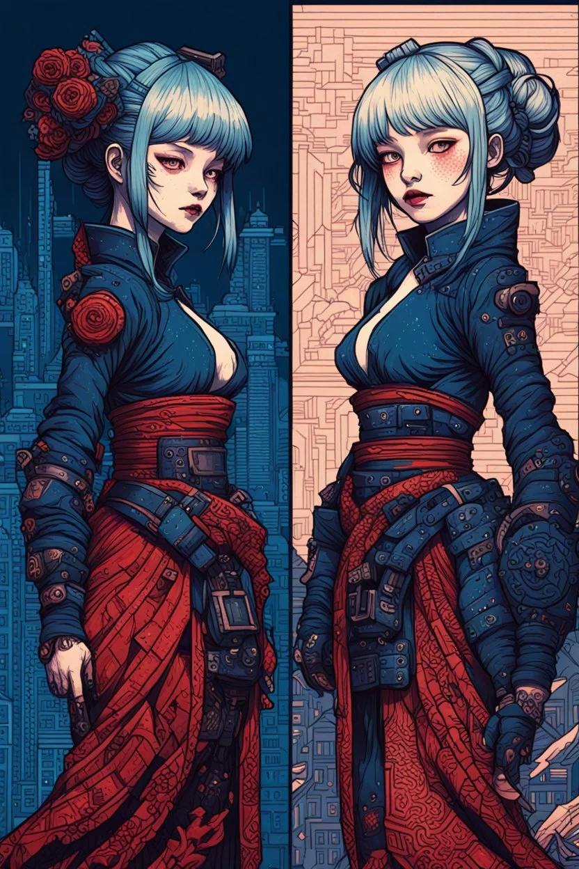 2 illustration side(half), cyberpunk huge girl illustration in diagonal style by <John Kenn Mortensen> darkred tones, and another petit girl in diagonal illustration by <Katsushika Hokusai> darkblue tones, 8bits, Pixel Art, hyperdetailed,