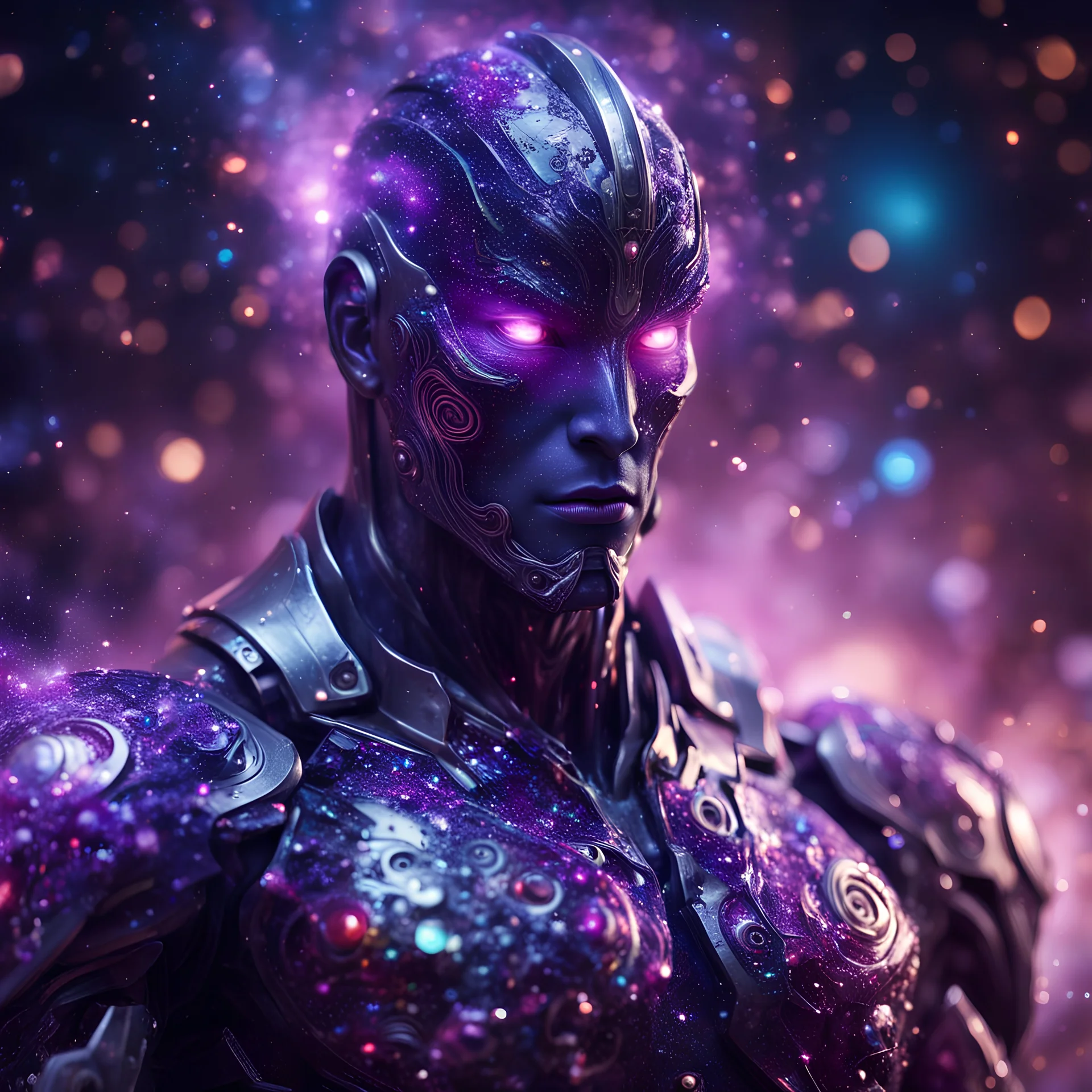 a colossal muscular armored godlike faceless humanoid figure with transparent body made of swirling galaxies and nebulae, piercing glowing purple eyes, sharp focus, high contrast, dark tone, bright vibrant colors, cinematic masterpiece, shallow depth of field, bokeh, sparks, glitter, 16k resolution, photorealistic, intricate details, dramatic natural lighting